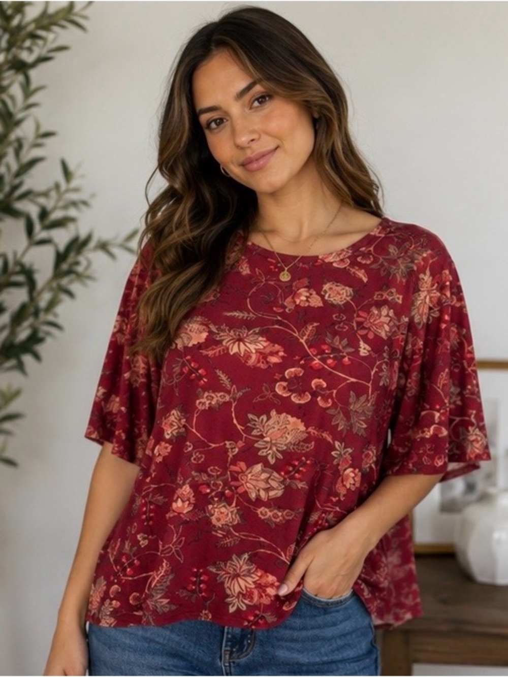 bobeau Floral Short Sleeve Tee in Burgundy with Pink-Tan Print